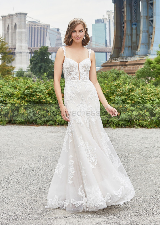 Beaded Ivory Lace Tulle Butterfly Back Unique Wedding Dress